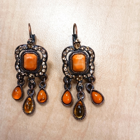 Vintage Orange Stone Brown Cubic Zirconia Dangle Earrings with Clasp Backing - Picture 3 of 12